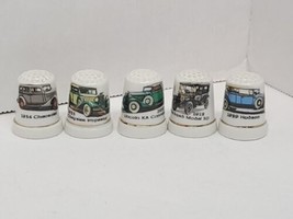 5 Vtg Gold Ringed Antique &amp; Classic Cars Porcelain Sewing Thimbles - £10.85 GBP