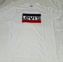 Levis White T Shirt W/ Navy And Red LARGE carpeted yarn Logo Rare fuzzy ... - $12.59