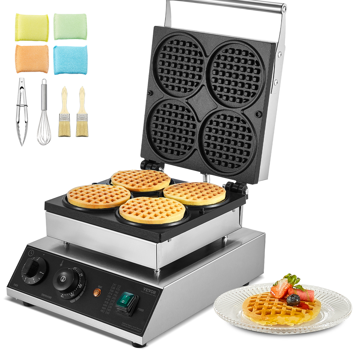 VEVOR Commercial Waffle Maker, 4PCS Round Waffle Baker Machine,1750W Non... - $135.99