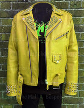 New Men&#39;s Yellow Spiked Studded Punk Unique Cowhide Biker Leather Jacket-765 - £298.19 GBP