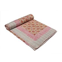 Beautiful Vintage Indian Kantha Quilt/ Handmade Pink Hand Block Print Cotton Bed - £56.82 GBP