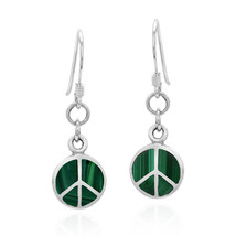 Sleek Peace Symbol Green Malachite Stone Sterling Silver Dangle Earrings - £14.61 GBP