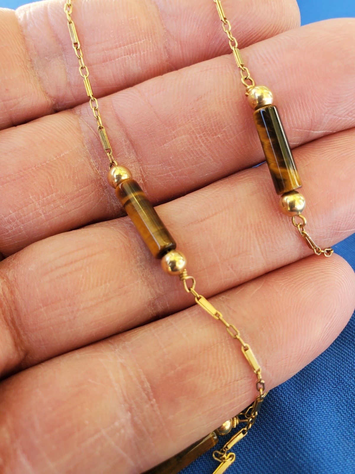 Vintage 14k Gold Art Deco Tiger eye Statement Necklace Unique Antique Chain 28" Item image 6