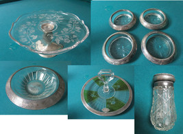 Antique Sterling Etched Glass Footed Dish Coasters Bowl Cake Plate Shake... - $25.73+