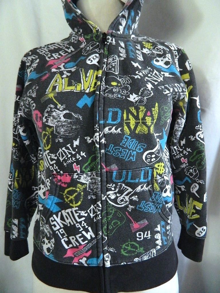 Old Navy Hoodie Skater Video Games Dinosaurs Guitars Skulls All Over Print Zip M - $24.70