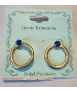 Gentle Expressions Stud Back Earrings Silver Tone Hoops W Blue Rhinestones - $262.36 MXN