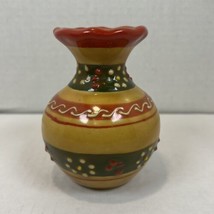 Vintage MEXICO 4&quot; Ceramic Bud Vase Gold w/ Green Band &amp; Red Trim Handpainted - $16.00