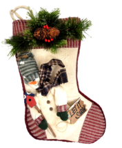 Country Christmas Snowman Stocking 15&quot; Muslin Burgundy Knit Trim Pine Rustic 3-D - £15.14 GBP