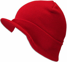 Red Visor Beanie Bill Cuff Knit Cap Hat Ski Skull Winter Unisex - £5.40 GBP