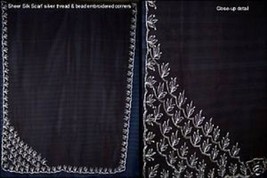 Gorgeous Designer Fabric Silk Chiffon Brown Silver Thread &amp; Beads Scarf 2.25yds - £42.86 GBP