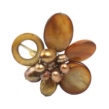 Modern Chic Gold Colored Pearl and Brown Seashell Cluster Brass Statement Ring - £7.80 GBP