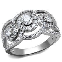 Clear Simulated Diamond 3 Stone Double Halo 925 Sterling Silver Engagement Ring - £119.07 GBP