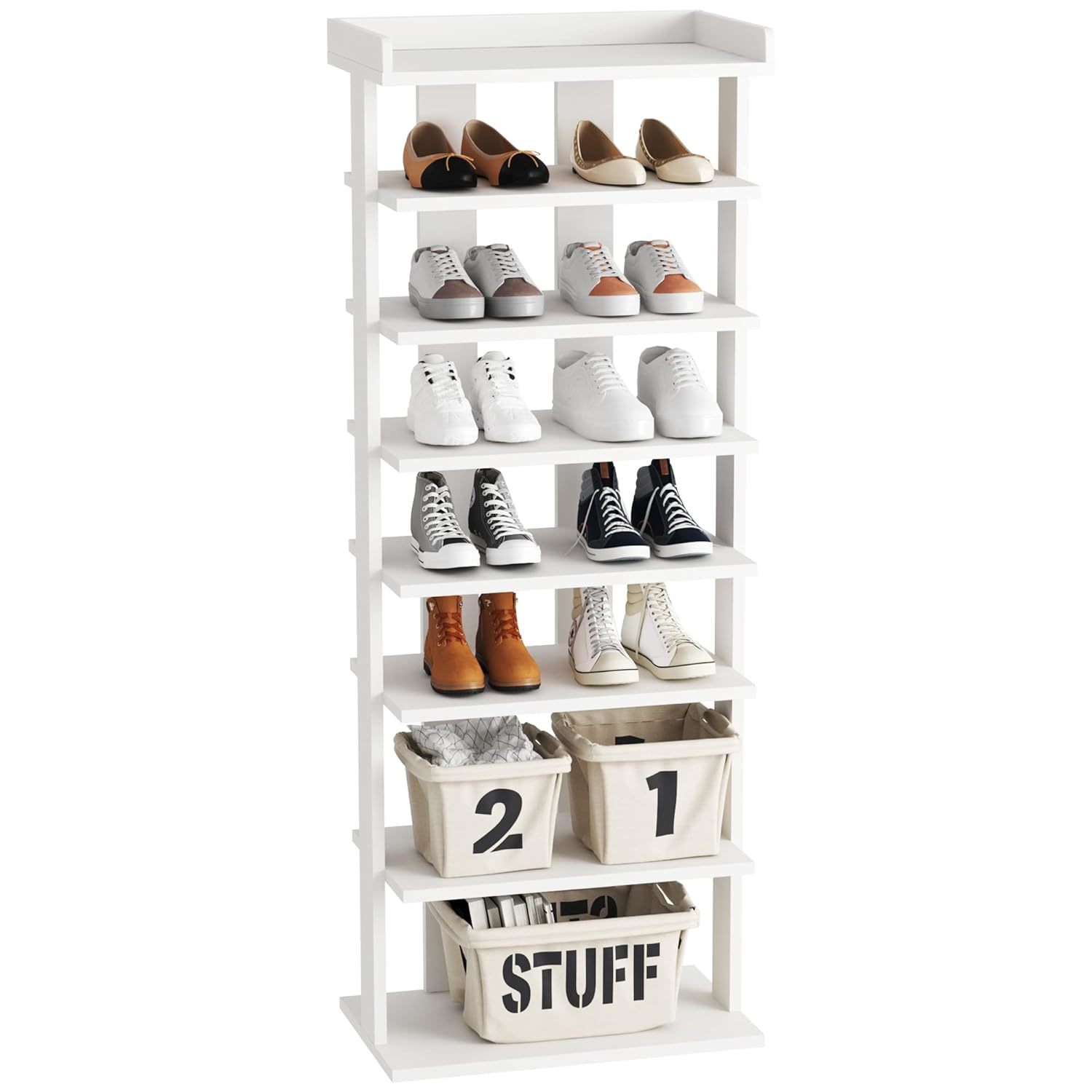 7-Tier Wood Shoe Rack, Double Rows 7-Tier Shoe Shelf, Shoe Storage Stand, Entryw