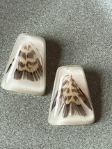 Vintage Cream w Brown Feather Clear Plastic Trapezoid Clip Earrings – 1 ... - £10.23 GBP