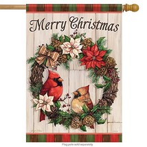 Christmas Cardinal Wreath House Flag - 2 Sided Message, 28&quot; x 40&quot; - £22.44 GBP