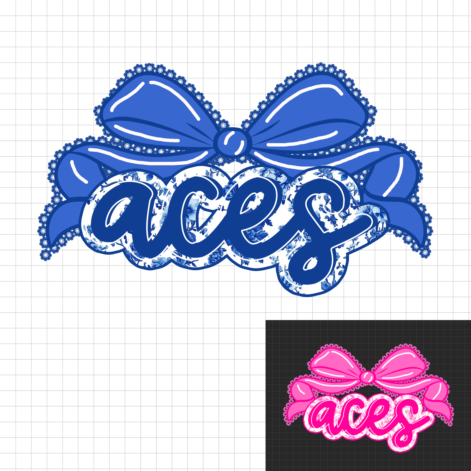 Aces PNG, Aces Mascot Floral Toile Pink Blue Water Color Coquette Bow, T... - $2.50