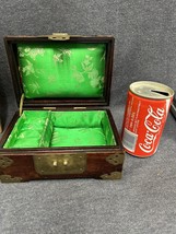 Vintage Shanghai China Wood Jewelry Box Carved Jade Medallion Brass Deco... - $50.49