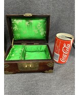 Vintage Shanghai China Wood Jewelry Box Carved Jade Medallion Brass Deco... - £39.61 GBP