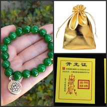 Blessed! Tibetan 18 10mm Green Jade Beaded Lotus Amulet Mala Bracelet -6&quot; - $10.75