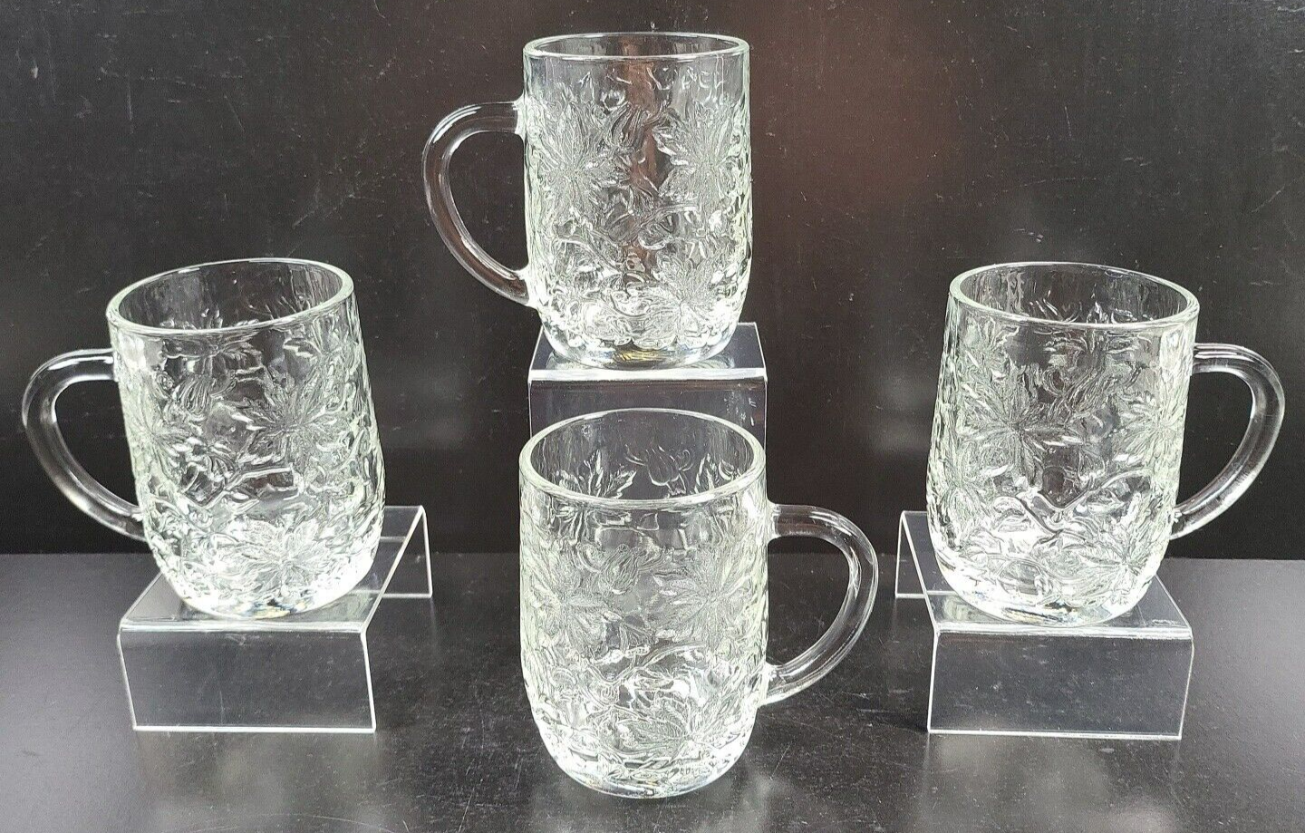4 Princess House Fantasia Clear Mugs Set 4&quot; Embossed Poinsettia Glass Co... - $39.27