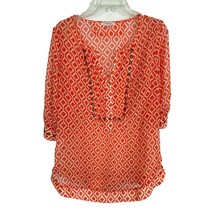 Hawthron Womens Shirt Size Large Orange Sheer Brass Detail Short Sleeve V Neck  - £14.64 GBP