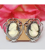 Signed Whiting &amp; Davis Clip On Earrings, Silver Tone Iridescent Cameo Ea... - £27.61 GBP