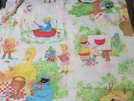 1970 Vintage Sesame Street Picnic Flat Sheet Twin Lustersoft 66x104 Big ... - $37.14