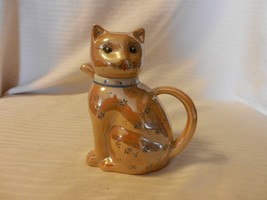 Vintage Ceramic Cat Creamer with Handle Light Brown with Blue Flowers - $50.00