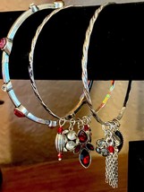 OOAK Bling Clear/Red Rhinestone Silvertone Hoop Bracelets w/ handcrafted charms - £11.79 GBP