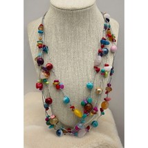 Vintage Beaded Statement Necklace Multi Strand Colorful Faux Stones Silver Tone - $20.87