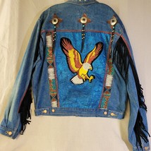 Big Time Jean Jacket XL Bling Hand Decorated Studs Fringe Eagle Country ... - £44.29 GBP