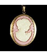 Retro PINK &amp; CREAM CAMEO LOCKET Vintage Necklace Goldtone 1 3/4&quot; Pendant... - $29.57 CAD