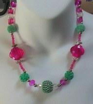 Vintage Pink/Green Glass/Plastic/Metal Bead Toggle Necklace - £31.15 GBP