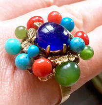 BIG Brutalist Natural Sapphire Red coral turquoise jade 14k 585 gold ring - £1,665.89 GBP