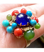 BIG Brutalist Natural Sapphire Red coral turquoise jade 14k 585 gold ring - £1,666.09 GBP