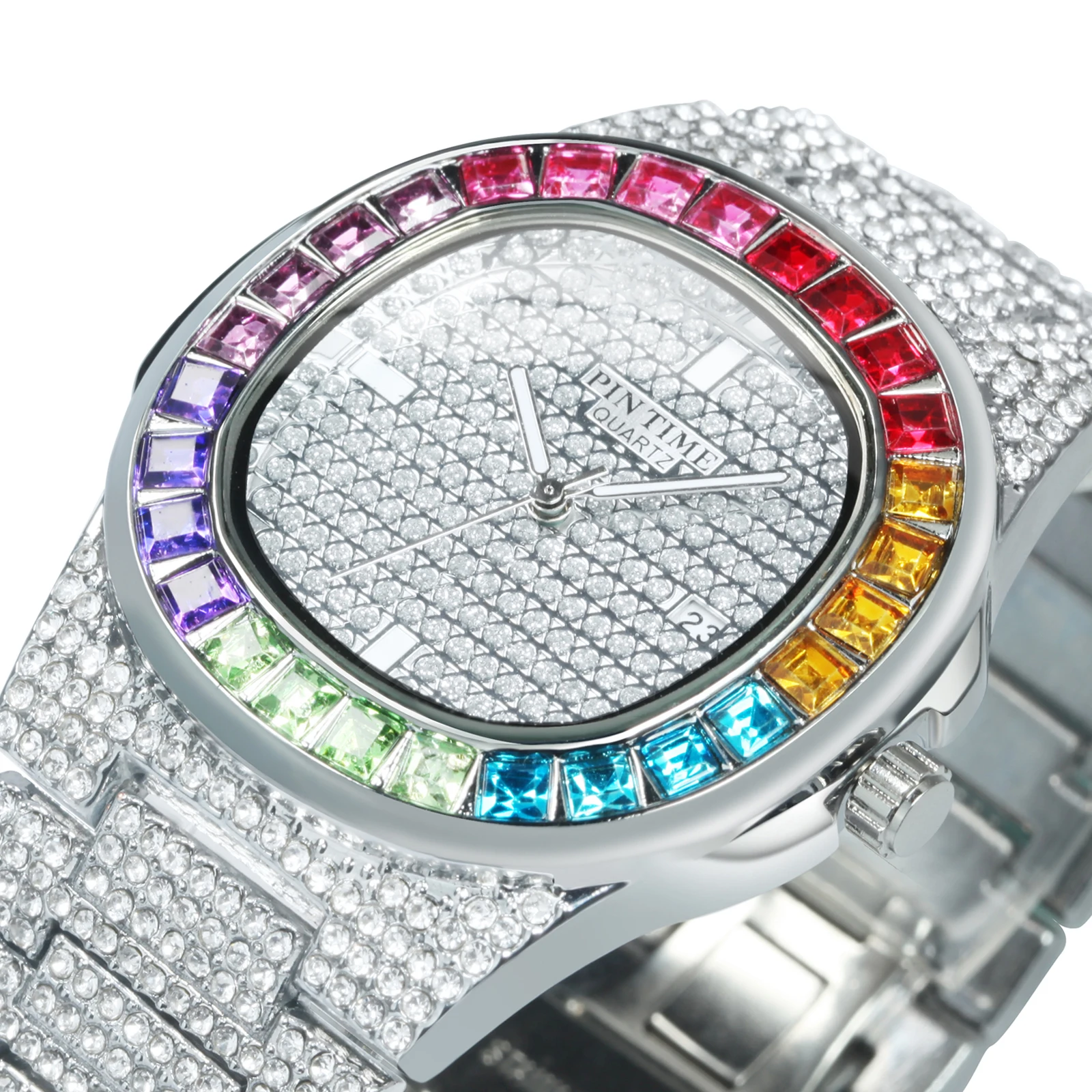   Iced Out Watch for Men  Hands Fashion  Calendar Square Unisex  Stainless Steel - £53.23 GBP