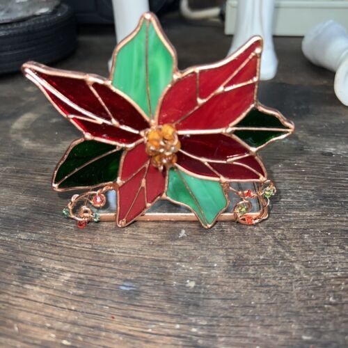 Stained Glass Red & Green Poinsettia Candle Home Decor Tea Lite - $19.95