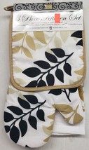 3Pc Printed Kitchen Set:1Pot Holder 1Oven Mitt &amp; 1Towel Beige &amp; Black Leaves Bh  - £19.16 GBP