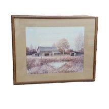 1970s Gene Speck Wood Framed Old Barn Farm Landscape Matted Framed Print 30&quot;x24&quot; - £76.74 GBP