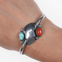 6&quot; AE Native American Silver, turquoise, and coral cuff bracelet - £92.42 GBP