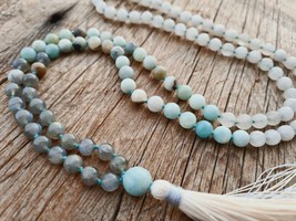 108 Amazonite , Rainbow Labradorite aa grade, White Quartz Mala | Boho Necklace - £57.55 GBP