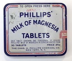 Small 1930s Vintage Phillips&#39; Milk Of Magnesia Tablets Advertising Tin Empty - £7.97 GBP