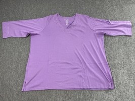 Denim &amp; Co Shirt Womens 3X Purple Embroidered Embellished V-Neck 3/4 Sleeve - $19.79