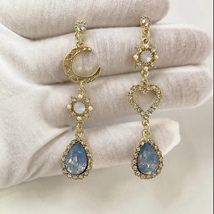 Blue Crystal Heart Moon Dangle Drop Earrings for Women - £7.84 GBP