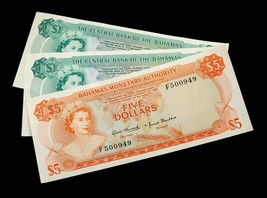 1974 Bahamas 2 X 1 Dólar &amp; 5 Dollat Banco Notas Lote De 3 Au Condiciones - £218.67 GBP
