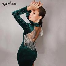 Black Green Sexy Fashion Backless Diamonds Tassel Rayon Velvet Dress - £70.21 GBP