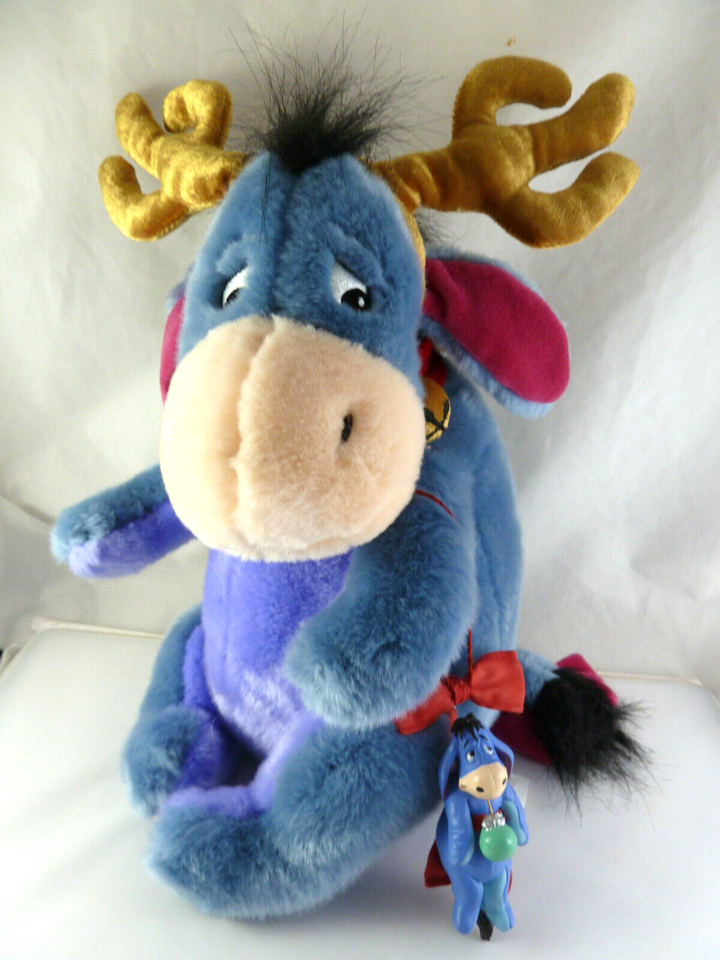 Eeyore w Reindeer Headband Christmas Bells Disney Store 12&quot; + 4.5&quot; Ornament - $13.45