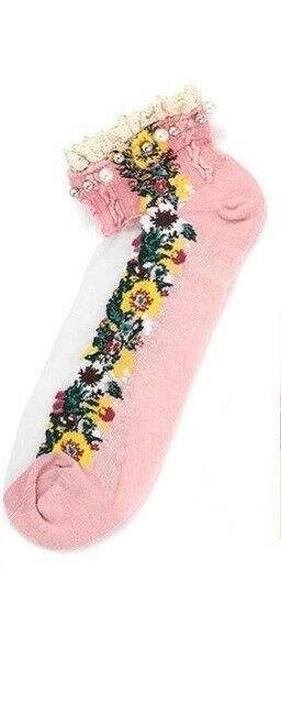 Handcrafted ~ Pink ~ Embellished w/Pearls ~ Lace ~ Floral Design ~ Ankle... - $14.96