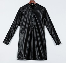 winter fashion rivets long pu leather shirt women slim top blouse - £78.35 GBP