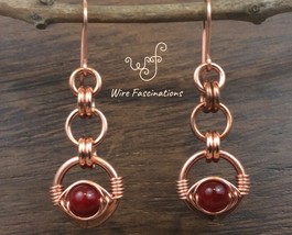 Handmade copper earrings: long chainmail herringbone wire wrap red glass beads - $32.00